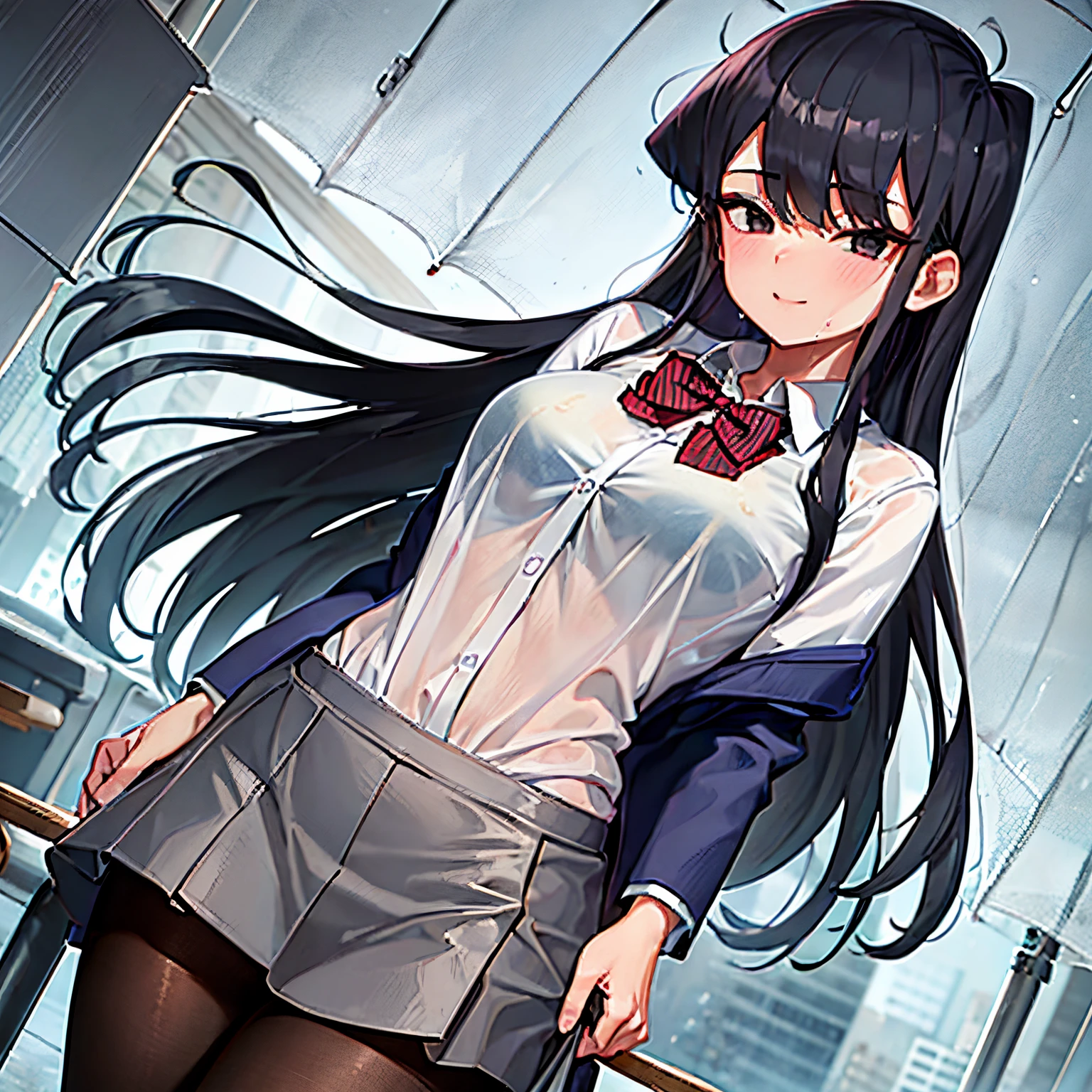 POV (from below), 1 girl, solo, komi Shouko, blue-black hair, long hair, black eyes, masterpiece, best quality, absurd, 1 girl, looking at viewer, standing, arms, black pantyhose, classroom , photo of cowboy, navy blue school uniform, red skirt, red bow, blazer, medium breasts, medium waist, medium hips, wide thighs, (wet clothes, transparent: 1.2), (white shirt), Wet, closed mouth, They smile, Cityscape, (gray sky, rain:1.3),