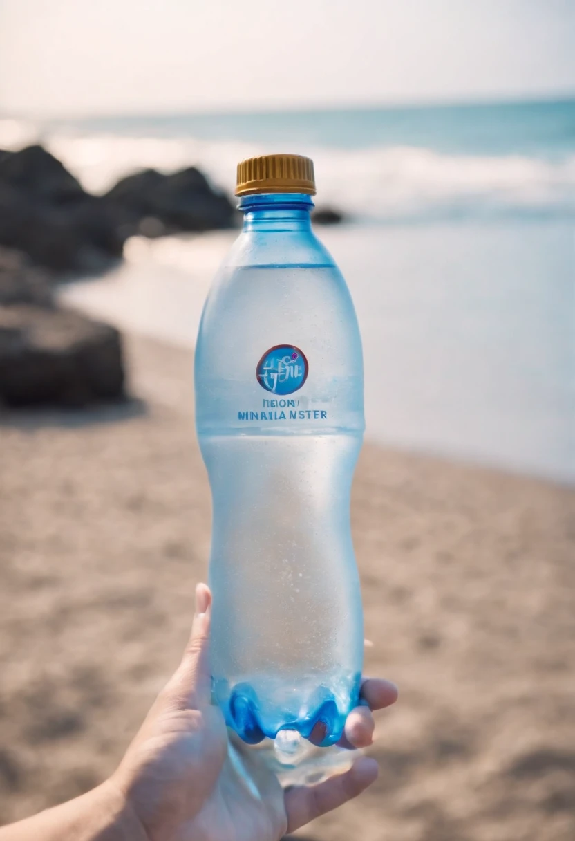 beachside，a asian beauty，Mineral water bottle in hand，