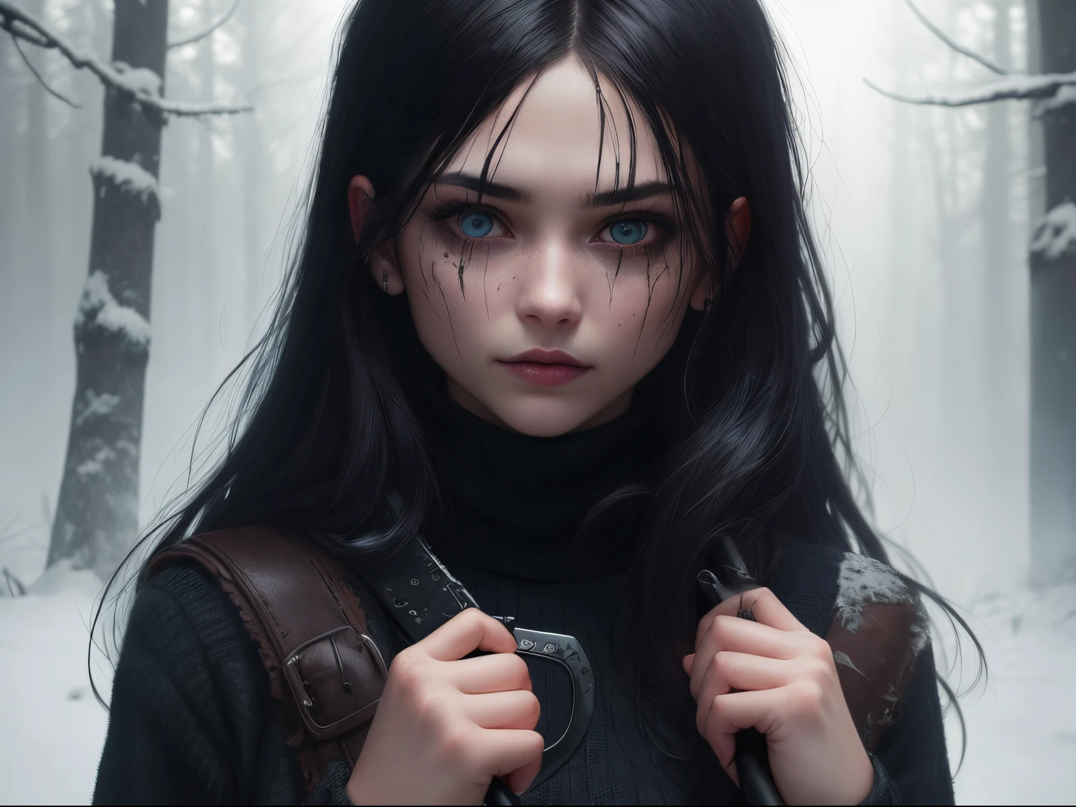 A girl with a hatchet, piercing obsidian eyes, bloodied lips, and a sinister smile, surrounded by a dark and eerie forest. She is dressed in a tattered and dirty black turtleneck sweater, with long, tangled black hair covering half of her face. The scene is set during a stormy night, with thunder and lightning illuminating the scene. The girl stands in a haunting pose, holding the hatchet in one hand and raising it high in the air. The atmosphere is filled with suspense and fear, as if she is about to strike her next victim.
The artwork should be created in a hyper-realistic style, using high-resolution techniques to capture every detail of the girl's face, black turtleneck sweater, and the surrounding forest. The colors should be desaturated, with a cold and gloomy tone, enhancing the horror theme. Studio lighting should be used to add depth and highlight the details of the girl's face and the forest. The overall image quality should be of the highest standard, producing a 4K or 8K masterpiece that showcases extreme detail and realism.
In summary, the prompt should include the following tags:
- hockey mask
- hatchet
- piercing obsidian eyes
- bloodied lips
- sinister smile
- dark and eerie snowy forest
- tattered black turtleneck sweater
- long tangled black hair
- stormy night
- thunder and lightning
- haunting pose
- suspense
- fear
- hyper-realistic style
- high-resolution techniques
- desaturated colors
- cold and gloomy tone
- studio lighting
- 4K or 8K quality
- extreme detail and realism
Remember to arrange the tags in order of importance and separate them with commas.