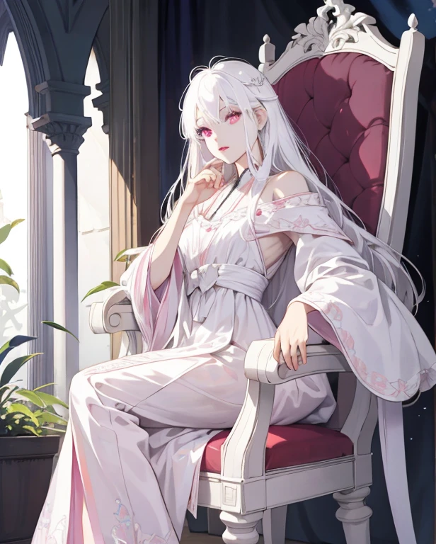 Upscale、white  hair、Pink eyes、length hair、robe blanche、Princess、sit a chair、shinny skin、Beautiful face、illustratio、animesque、comic strip、1人