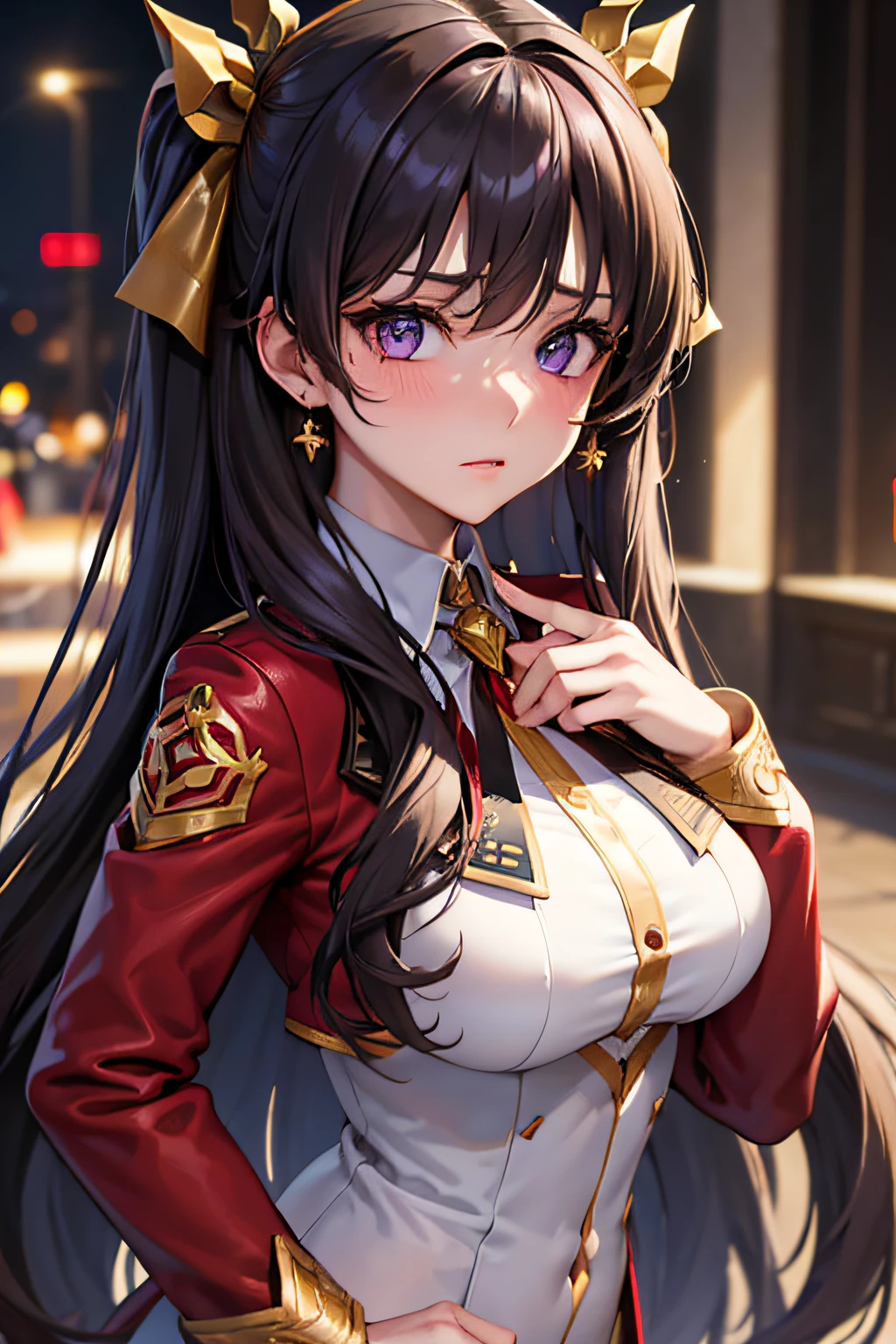 (masterpiece), best quality, expressive eyes, perfect face, 1girl, solo, ishtar, ishtar fate, purple eyes, black hair, gold hair ribbon, long hair, twintails hair, ribbon, Red Jacket with White Shirt, jewelry neck, city background, upper body, portrait, looking at viewer, face blushing, medium breast, close up face