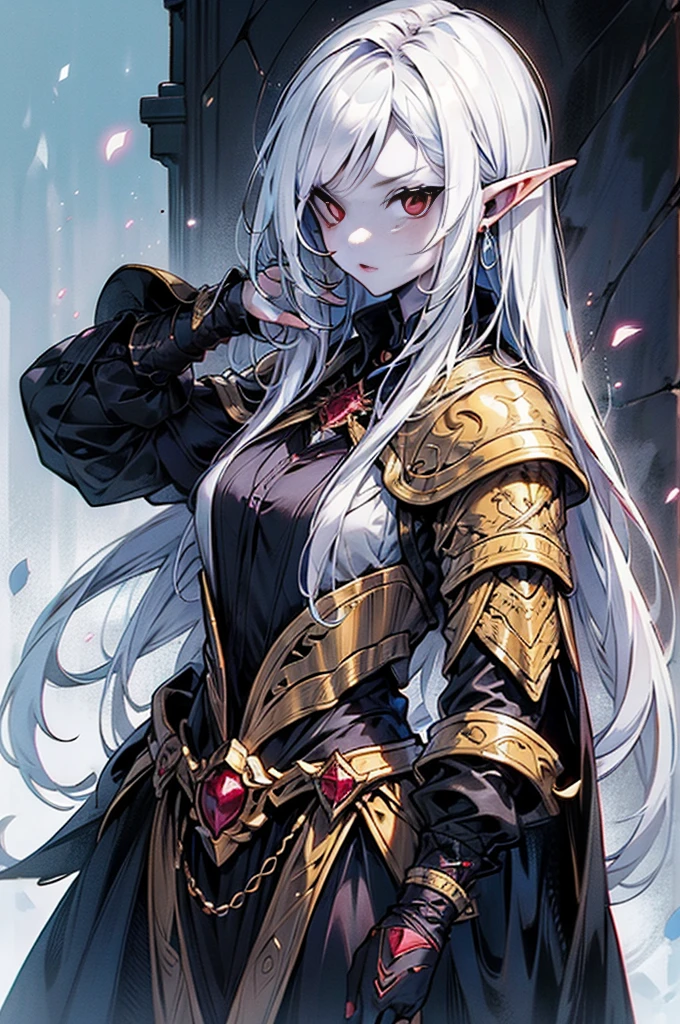 fair complexion, black elf woman around 19 years old, natural white hair, distinctive red ruby eyes,