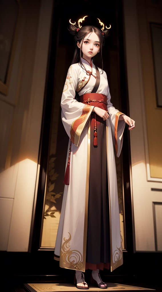 standing straight symmetrical, full body, solo girl looking to the camera,1girl, (hanfu), glowing, sidelighting, wallpaper,