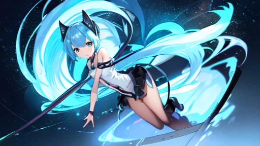 Black skirt,Light blue tie,Full body,Twin-tailed,lightblue hair,length hair