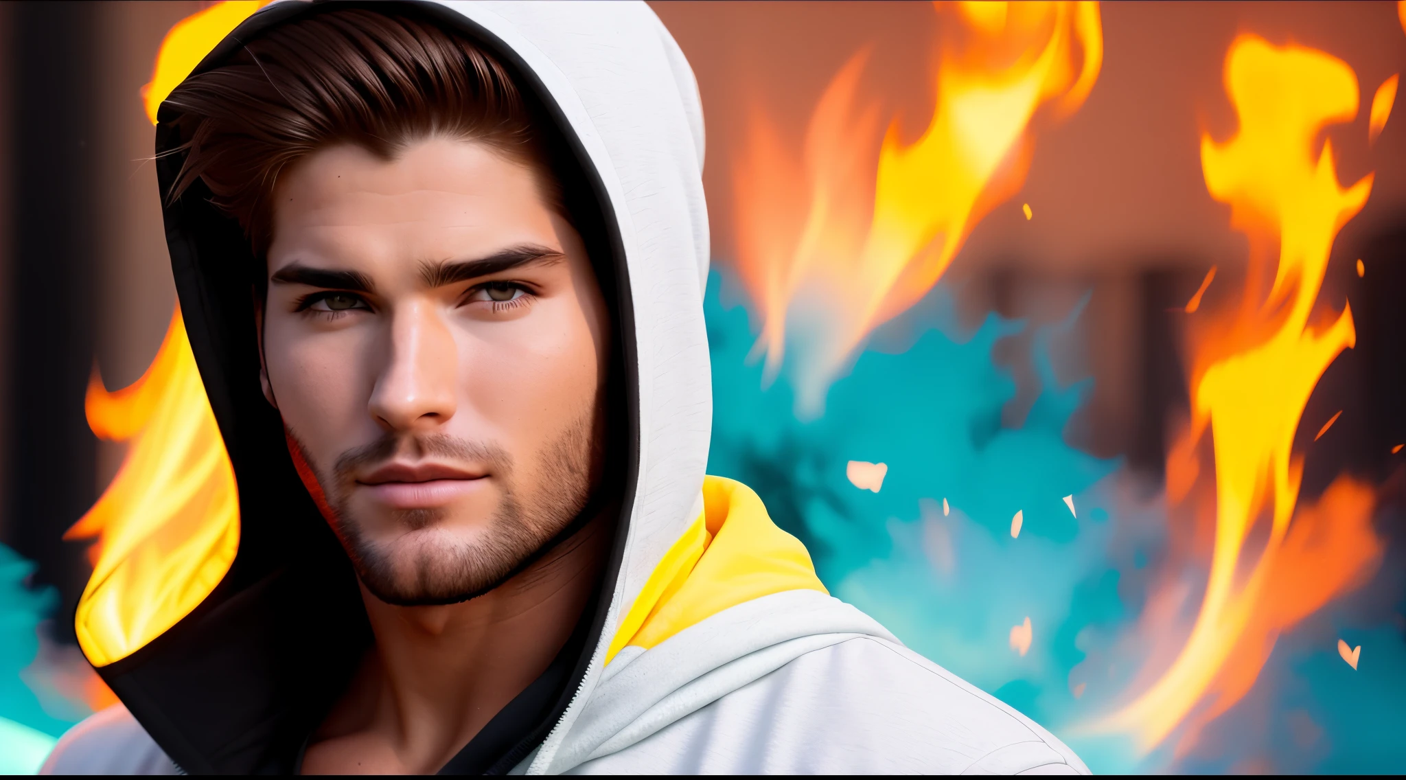 Maximum Extreme Hyper realistic, Maximum hyper detailed, Hyper-sharp maximum,Maximum extreme close-up, , hooded cinematic video Nick Bateman dancing. Use bright colors and radiant lighting ,dirigindo um camaro amarelo em alta velocidade, Use bright colors and radiant lighting, swirling smoke and glowing particles,