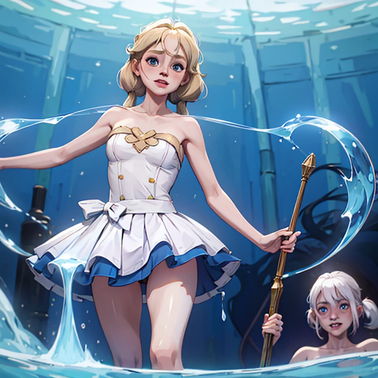 a young woman with long, curly light blonde hair in pigtails that add to the sense of youth. She wears a white and blue sleeveless and strapless dress. Her legs are spread apart so the viewer can see up her skirt. She has bangs and light blue eyes. She is biting her lip and blushing. There is translucent white liquid trickling down the inside of her thighs