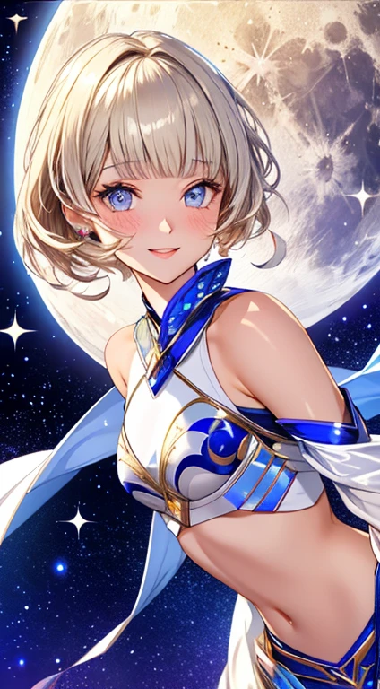 //Character
1girl, moon princess, perfect body,   slim curve, ultra detailed face, super beautiful, innocent, cute girl, thin eyeblow, round face, glossy face, blushed cheek,  big sparkly pupils, smiling full of compassion, half opened mouth, kissing face, beautiful short hair,  blonde hair, shaggy bangs, 
BREAK
//Fashion
Princess from another world  Attire
complicated geometric patterned crop top, A loincloth with very thin stars shining on it, silver fabric
extra tiny drones  flying around her body
BREAK
in the universe, starlight ,  sparkling effect