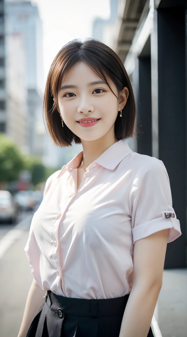(8K, Best Quality, masutepiece:1.2), (Realistic, Photorealsitic:1.37), Ultra-detailed, 1 girl, full body Esbian, Outdoors, (Adjust hair:1.5) Office Lady, Black Office Blazer, Office Skirt, Raw feet, (Button Short Down Shirt:1.2), Upcolor prim with buttons, Down color prim with buttons, Bra, Alpha Layer, high-heels, Beautiful earrings, Cute, Solo, Beautiful detailed sky, (Smile:1.15), (Closed mouth), Beautiful detailed eyes, Business attire, (Naked meat，short ear-length hair:1.2), Floating Hair NovaFrogStyle,
