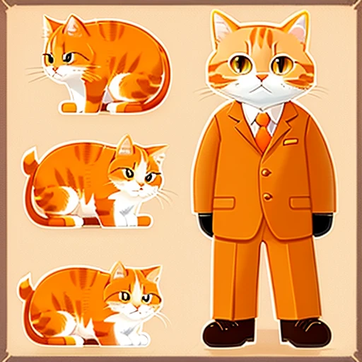 Orange tuxedo tabby cat logo, simple cartoon 2d character sheet