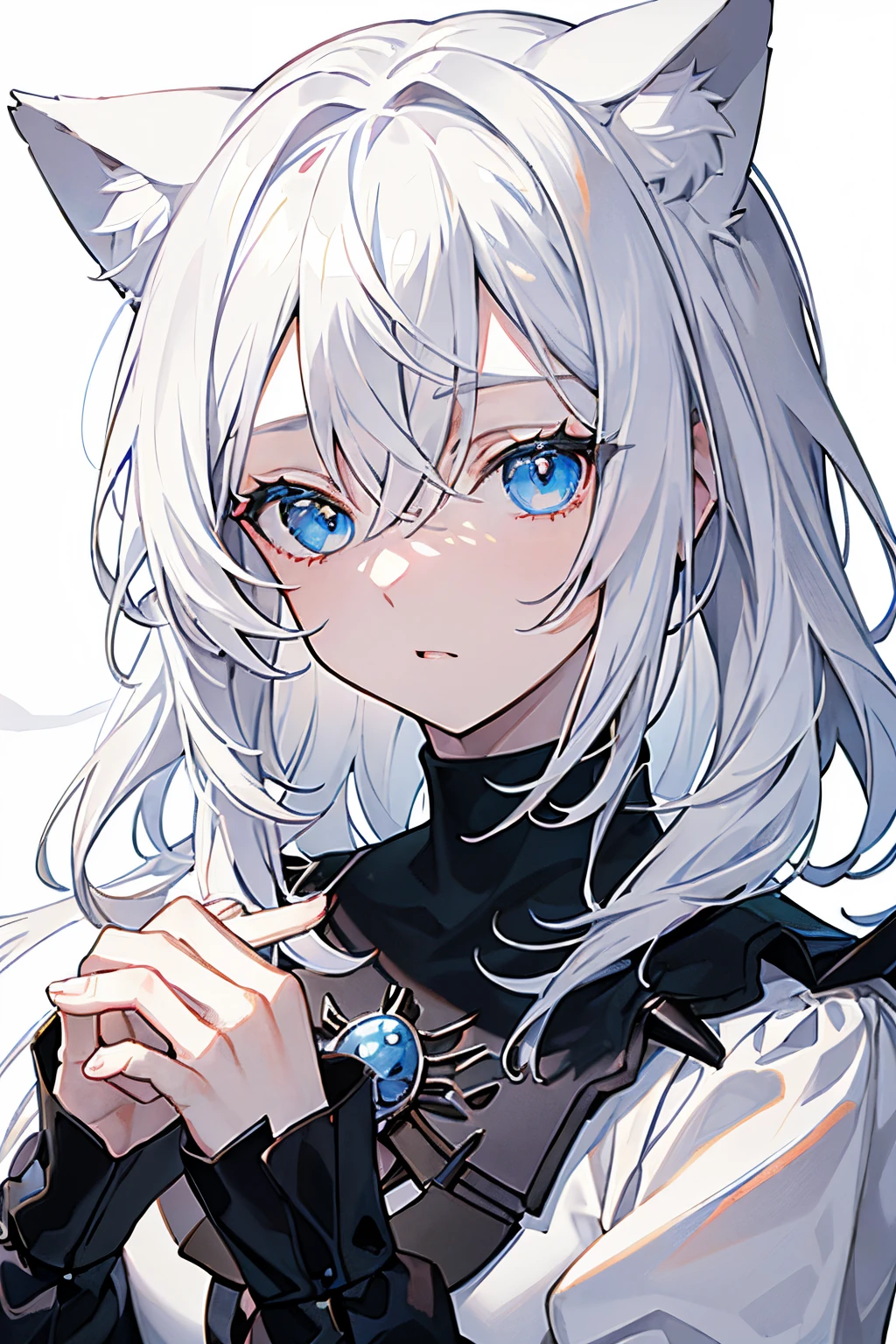 masterpiece, +++, top quality, soft light, medium length hair, white hair, spiky hair, bangs, locks, cat ears, blue eyes, wearing a black turtle neck, doing the cat hands, meowing, white background, portrait, perfect chin