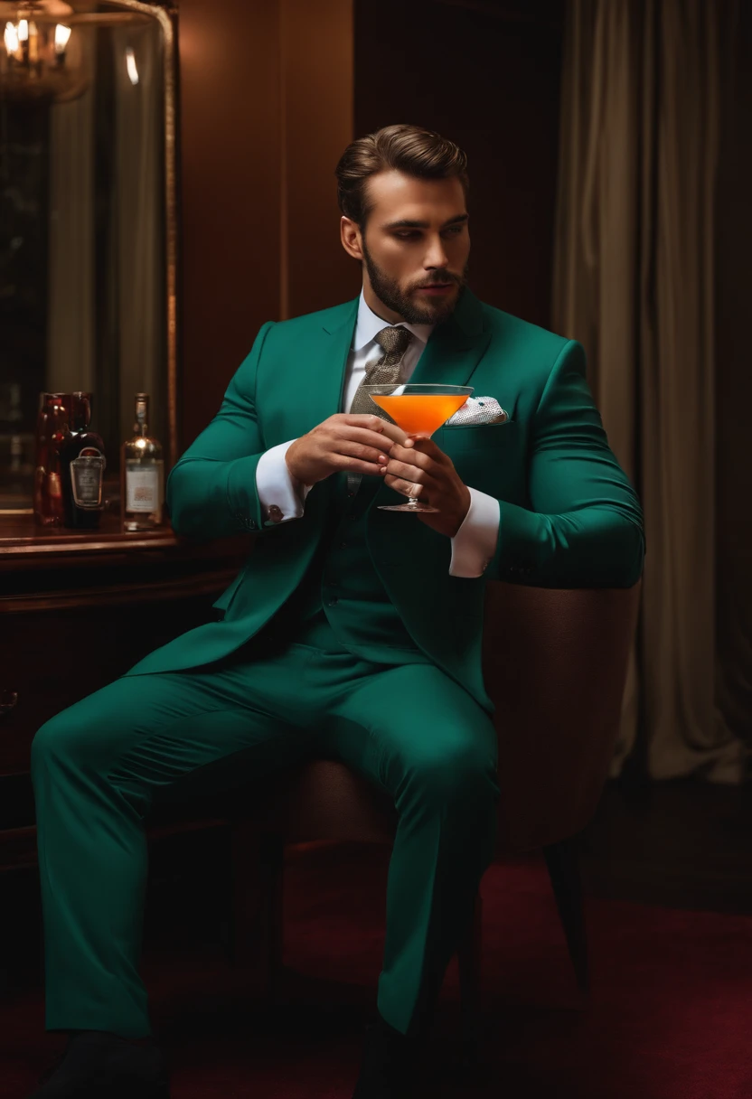 Stunning man, big , nsfw, bare , erect , standing pose, drinking martini, dressed in a suite, giving massage