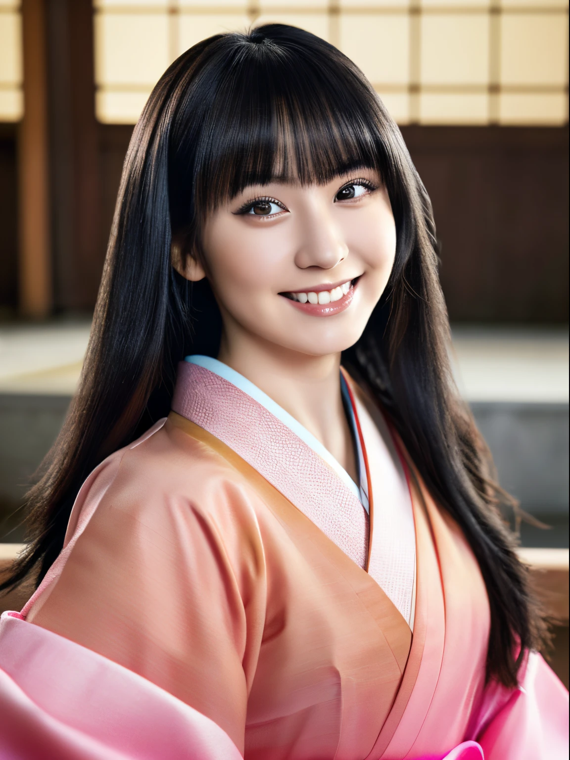 masutepiece, (Photorealistic:1.5), Realistic eyes, Japan Women, Full-body high-definition images,Best Quality, Beautiful lighting, Professional Lighting, Physically-based rendering,, 1girl in, Black hair,komono, Kimono, Long hair, Beautiful hair, Smiling,Pink eyes, Pink kimono, The band is red,Yellow ribbon, bow ribbon, Smile, Very long hair, ((Extraordinary Beauty)),, (Raw photo, 8K UHD, Film grain)