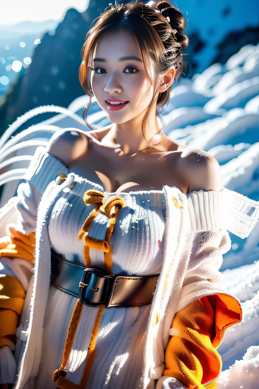 ,(3D Realistic Photography:1.3),(Make the subject look three-dimensional with the contrast of light and shadow),(((With the sunset in the background))),(((Winter snowy mountain climbing scenery:1.3))),cute and beautiful adult woman,Cute round face,Cute smile,with blush cheeks,Red Lip,(((Orange Open Short Duffle Coat:1.3))),(((Off-white off-shoulder sweater dress:1.3))),Knitted hats,long boots,gloves,(silver white hair,Floral braided headband,half up、Floral Braided Space Van,Voluminous Fishtail Braids,Twisted chignon,),(Bangs are see-through bangs),hair pin,hair adornments,(((Emphasize large breasts:1.3))),breast slip,detailed clothes features,Detailed hair features,detailed facial features,(Dynamic angles),(Dynamic and sexy poses),profetional lighting,Cinematic Light,(masutepiece,top-quality,Ultra-high resolution output image,) ,(The 8k quality,depth of fields,Anatomically accurate facial structure,),(Sea Art 2 Mode:1.3),(Image Mode Ultra HD,)