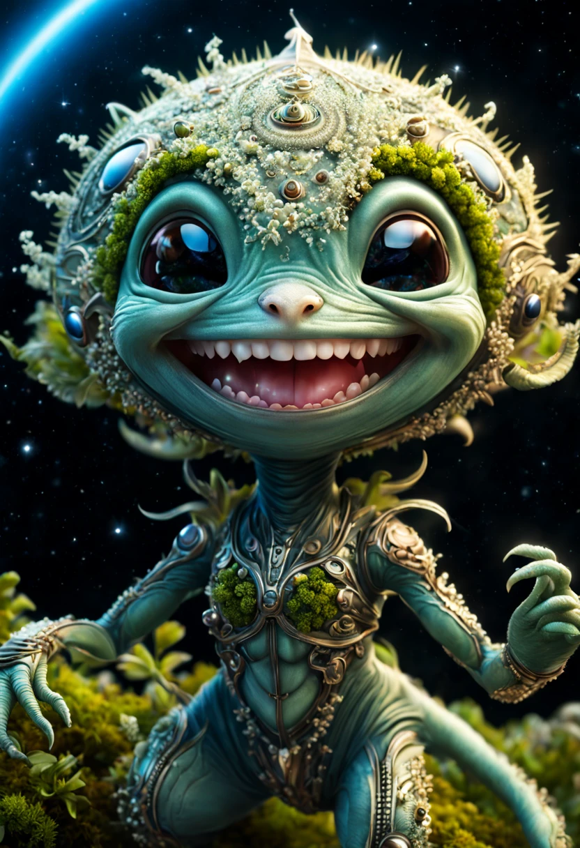 (Cute smiling creature:1.2) from space. Terraforming. Alien Flora, Miki Asai Macro Photography, a closeup of a, hyper detailed, Trending on ArtStation, sharp-focus, studio photo, intricate details, Highly detailed, Author: Greg Rutkowski Detail Face, detailed skin, sign with text: "Bonjour Yopta"