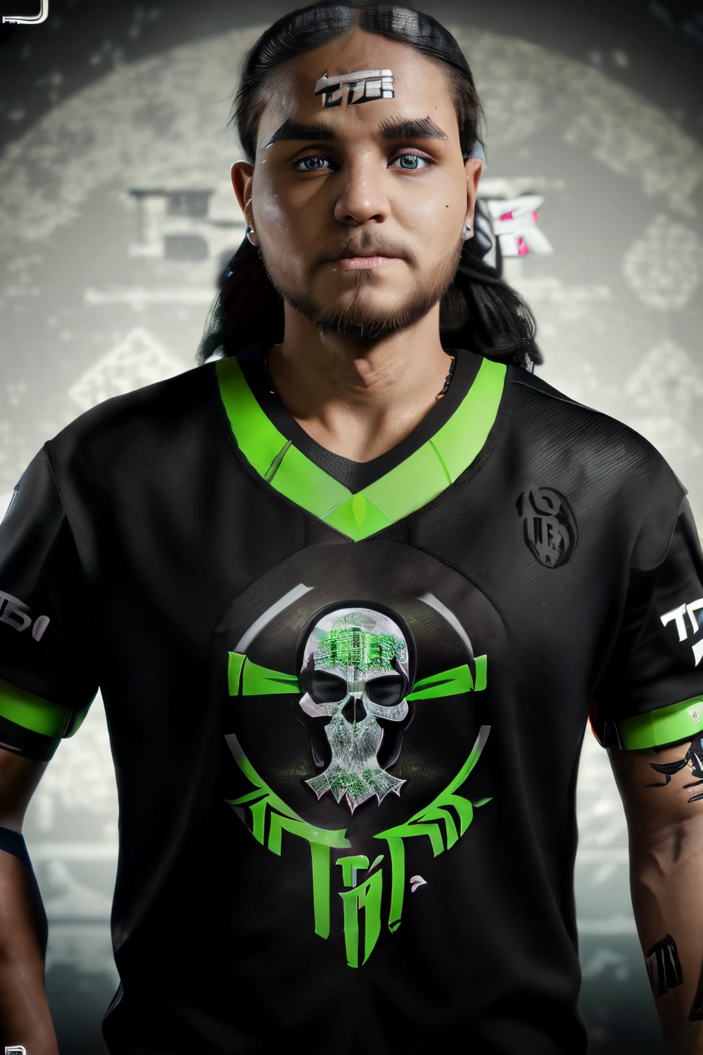 A professional gamer jersey, team colors are black and neon green, skull and bones logo, professional, great graphic design, team spirit, team pride, realistic, ultra detailed, 8k, sports fashion, gaming, masterpiece, gamer, (Letters "TIB":1.9), insects
