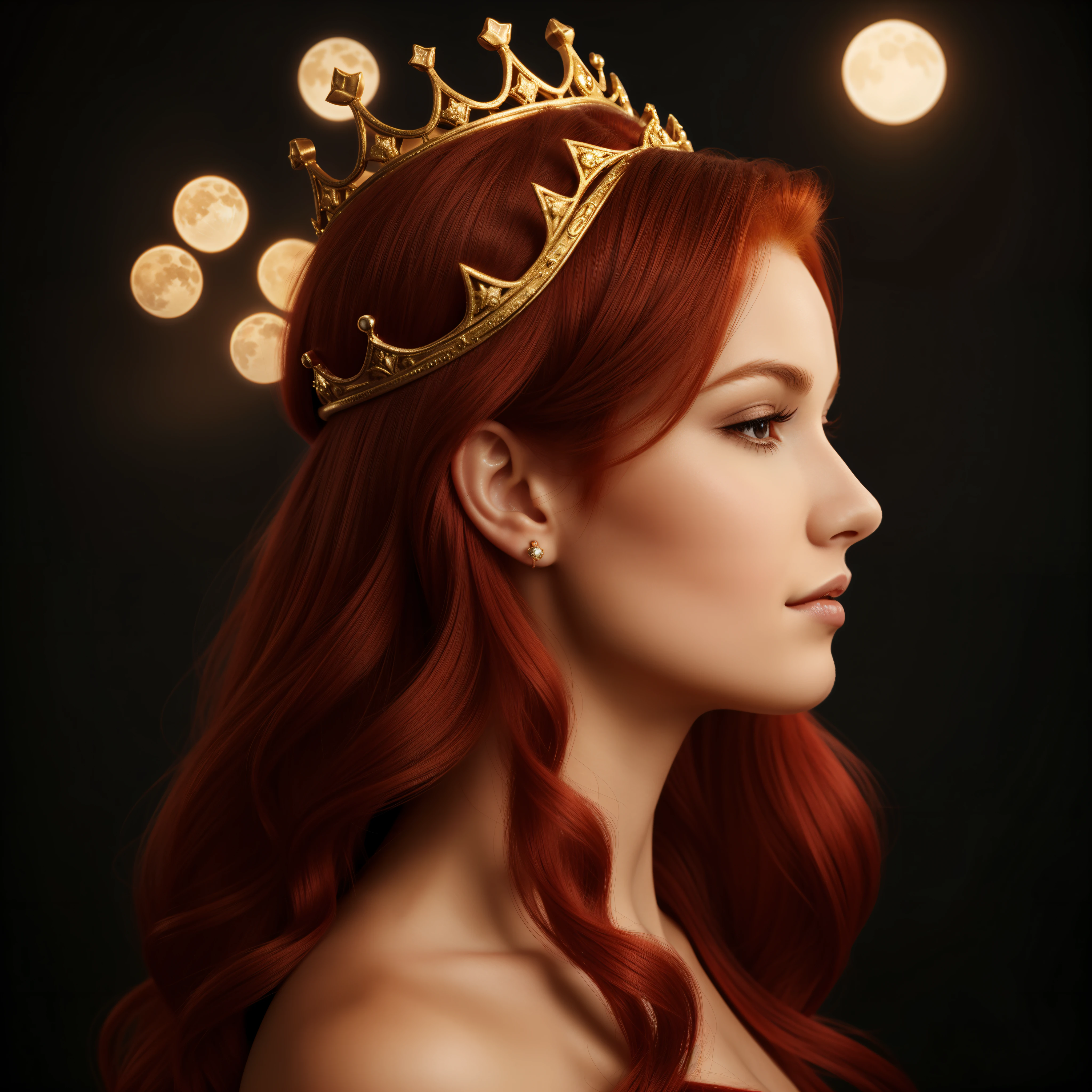 a side view of close up of a woman with a crown on her head, (her hair covered her ears), queen crown on top of her head, venus planet symbol, with a red halo over her head, redhead queen in heavy red armor, royal woman, woman silhouette, the red queen, stylized silhouette, regal and proud robust woman, red haired goddess, queen chess piece photo, beautiful vampire female queen, simple dark background.