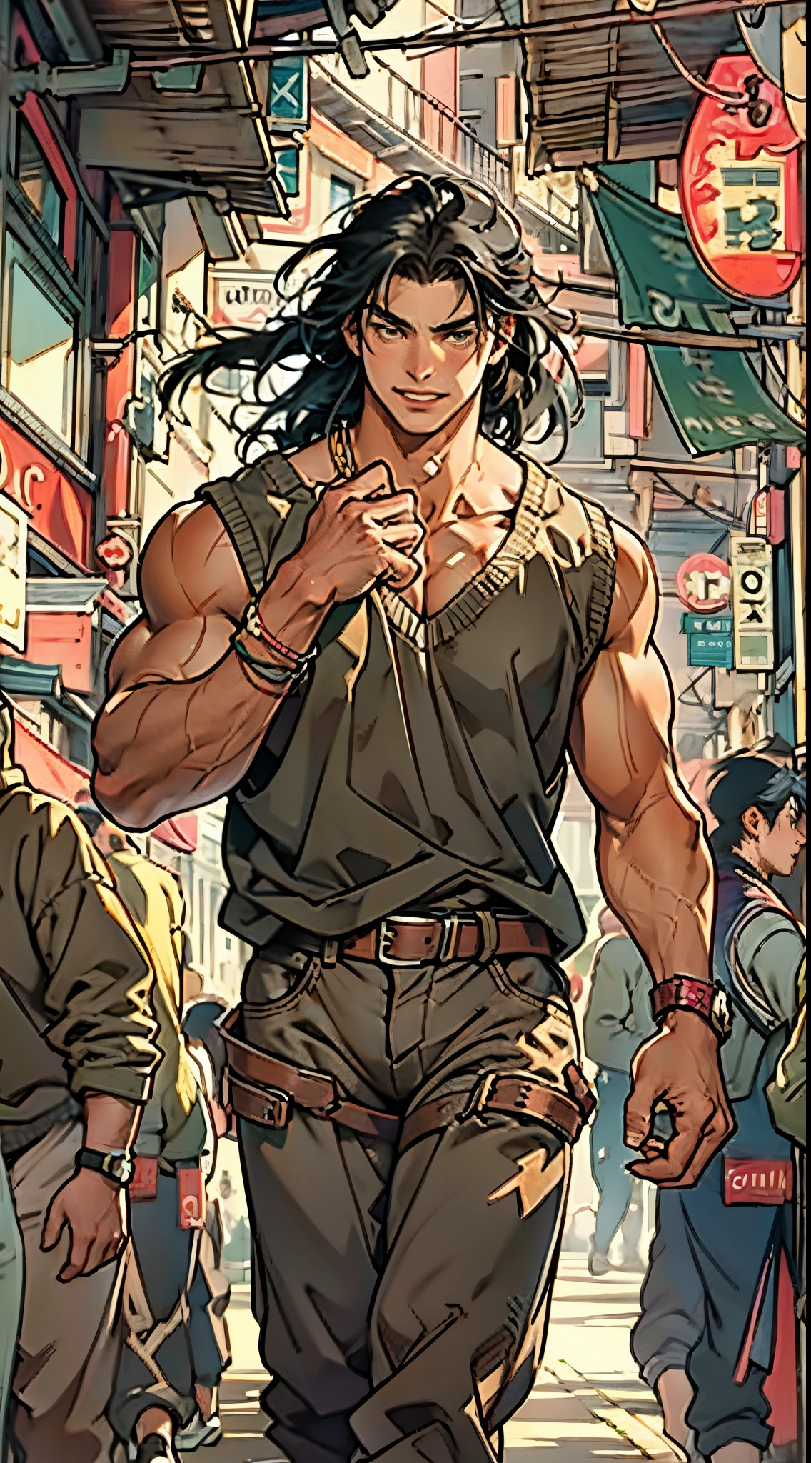 A young man, long black hair, a cheerful smile, thick and arched eyebrows, squinted eyes, brown skin, a sturdy physique, an open plain brown vest, revealing his muscular body, his right hand rests on the back of his head, a loose utility pants, the background depicts a lively fantasy-style street, this character embodies a finely crafted fantasy-style worker in anime style, exquisite and mature manga art style, high definition, best quality, highres, ultra-detailed, ultra-fine painting, extremely delicate, professional, anatomically correct, symmetrical face, extremely detailed eyes and face, high quality eyes, creativity, RAW photo, UHD, 8k, Natural light, cinematic lighting, masterpiece-anatomy-perfect, masterpiece:1.5