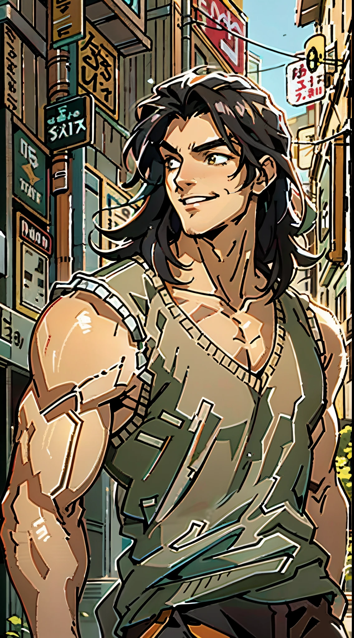 A young man, long black hair, a cheerful smile, thick and arched eyebrows, squinted eyes, brown skin, a sturdy physique, an open plain brown vest, revealing his muscular body, his right hand rests on the back of his head, a loose utility pants, the background depicts a lively fantasy-style street, this character embodies a finely crafted fantasy-style worker in anime style, exquisite and mature manga art style, high definition, best quality, highres, ultra-detailed, ultra-fine painting, extremely delicate, professional, anatomically correct, symmetrical face, extremely detailed eyes and face, high quality eyes, creativity, RAW photo, UHD, 8k, Natural light, cinematic lighting, masterpiece-anatomy-perfect, masterpiece:1.5