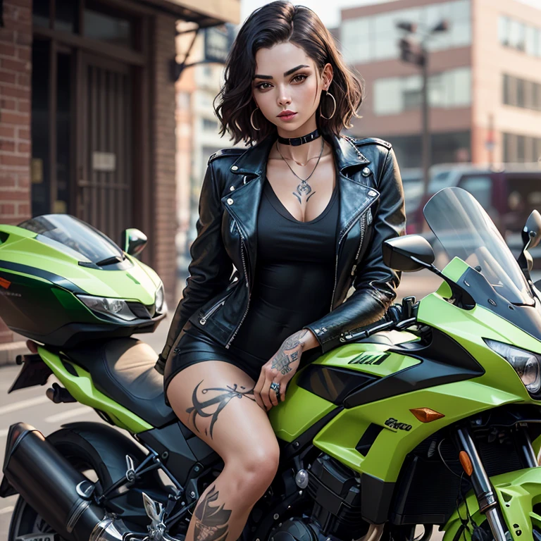Mulher branca, magra, de olhos verdes, cabelo castanho, com uma cicatriz que forma um sete na sobrancelha, wearing a black leather jacket and she is sitting on her black motorbike she has tattoos on her neck and bust and nose piercing
