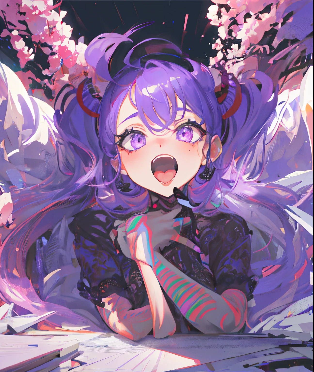 (best quality, high resolution: 1.2), ultra detailed, photorealistic: 1.37, sexy milf purple hair, provocative ahegao look, radiant beauty, curvy figure, seductive confidence, sensual expression, black lace lingerie, soft lighting, passionate atmosphere, vivid colors, subtle seduction, tempting pose, smooth skin, enthusiastic curves, seductive charm, provocative charm, eye-catching long purple hair, masterpiece: 1.2