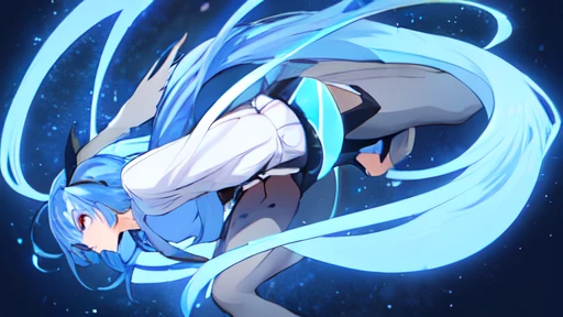 Black skirt,Light blue tie,Full body,Twin-tailed,lightblue hair,length hair,Bright background