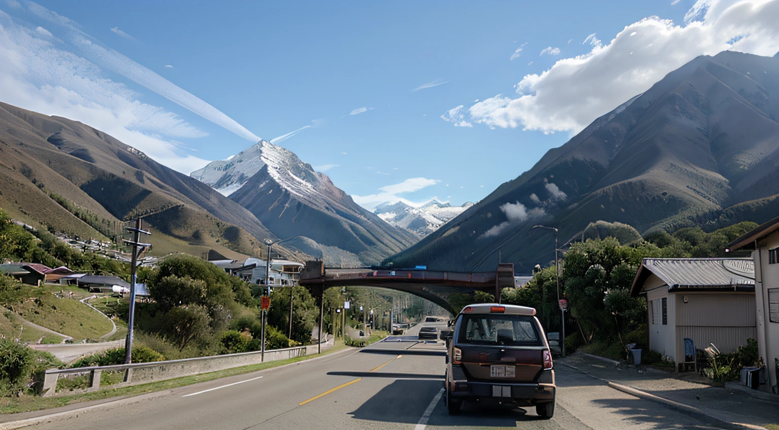 mountain on the left,There is a weather station on the mountain,There is a bridge in the middle,sheerness,The Car,There is a residential area on the right