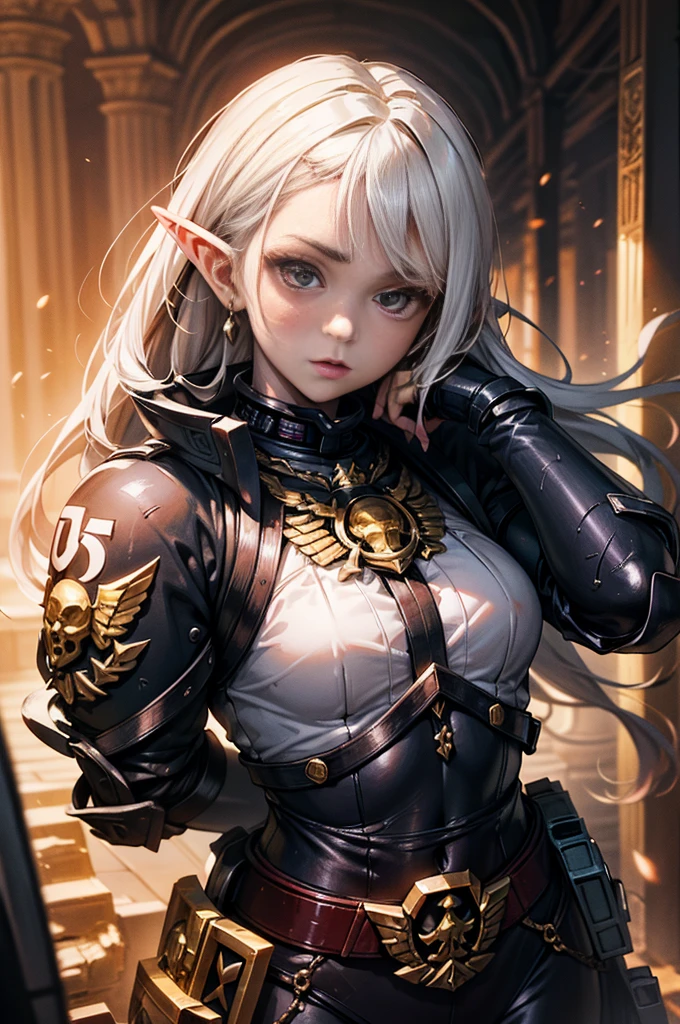 warhummer 40000, adepta sororitas, girl, 1 person, beautiful face, a beautiful face, the perfect face, sister battle, bolter, warhummer 40000 style, fair complexion, black elf woman around 19 years old, natural white hair, distinctive red ruby eyes,