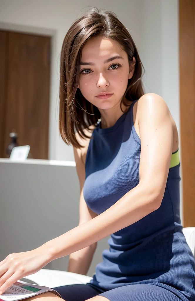Belle brune portant un pull beige clair (Soins des ongles dans un salon de beauté moderne), très détaillée, 21 ans, visage innocent, cheveux ondulés naturels, yeux bleus, résolution élevée, Chef-dœudansre, meilleur qualité, Détails complexees, Très détaillé, mise au point nette, peau détaillée, texture de peau réaliste, texture, yeux détaillés, professionnel, 4K, sourire charmant, filmé sur Canon, 85 mm, faible profondeur de champ,  Couleur Kodak Vision, corps parfaitement ajusté, extrêmement détaillée, photographier_\(ultra\), photoréaliste, Réaliste, Post-traitement, Un maximum de détails, rugosité, vie réelle, Ultra réaliste, photoréalisme, photographie, 8K UHD, photographie, travail, bureau