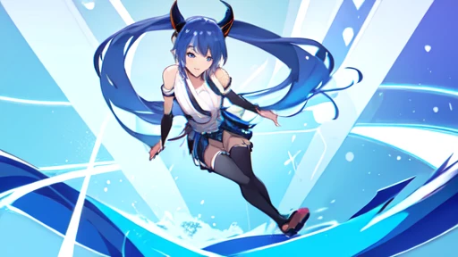 Black skirt,Light blue tie,Full body,Twin-tailed,lightblue hair,length hair,(Bright background)