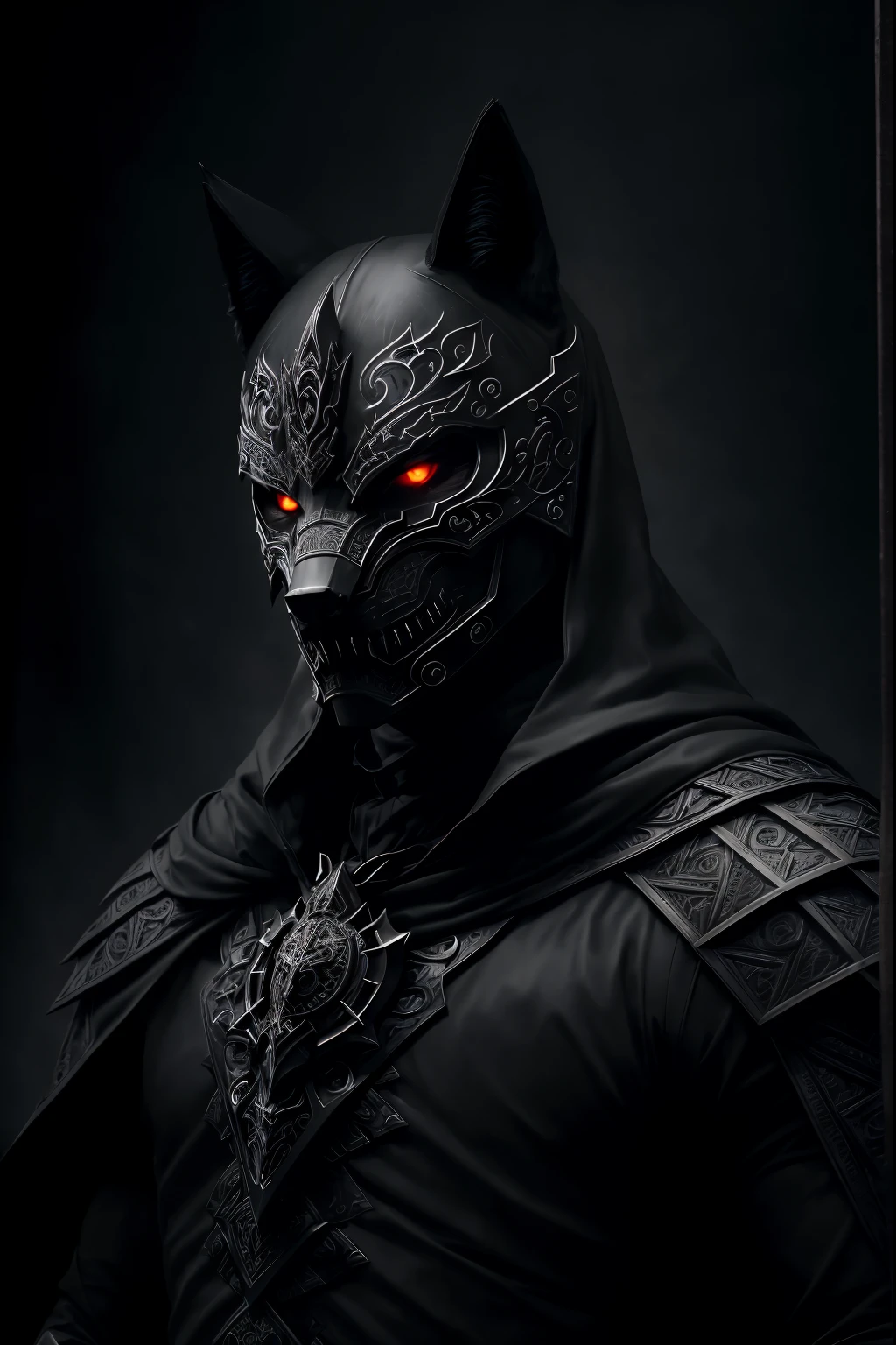 (a man wearing a steel wolf mask, dark and gothic character style),metallic,heavy armor,sturdy,tough-looking,imposing figure,lit by dim candlelight,ominous atmosphere,intense,expressive eyes,sharp fangs,cruel and twisted smile,pale complexion,gritty texture,contrast of shadows and highlights,dramatic lighting,ethereal and haunting,black and silver color palette,eerie and mysterious mood,thick fog swirling around,hauntingly beautiful backdrop,detail and precision in the facial features of the mask,sculpted with intricate patterns and designs,sharp and defined edges,foreboding presence,evoking a sense of fear and curiosity,exquisite attention to detail in the costume attire,leather straps and buckles,heavy chains,dark and mysterious background,moonlit sky,full moon casting an eerie glow,a sense of danger and intrigue,enigmatic aura,embodying power and darkness.