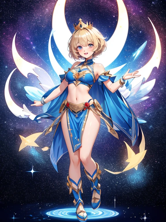 //Character
1girl, moon princess, full body shot, perfect body, slim curve, ultra detailed face, super beautiful, innocent, cute girl, thin eyeblow, round face, glossy face, blushed cheek, big sparkly pupils, smiling full of compassion, half opened mouth, kissing face, beautiful short hair, blonde hair, shaggy bangs,
BREAK
//Fashion
Princess from another world Attire
complicated geometric patterned crop top, A loincloth with very thin stars shining on it, silver fabric, sparkly mechanical crown,
extra tiny drones flying around her body
BREAK
in the universe, starlight , sparkling effect