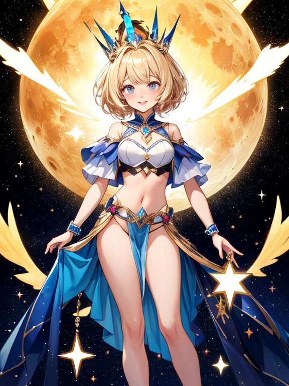 //Character
1girl, moon princess, full body shot, perfect body, slim curve, ultra detailed face, super beautiful, innocent, cute girl, thin eyeblow, round face, glossy face, blushed cheek, big sparkly pupils, smiling full of compassion, half opened mouth, kissing face, beautiful short hair, blonde hair, shaggy bangs,
BREAK
//Fashion
Princess from another world Attire
complicated geometric patterned crop top, A loincloth with very thin stars shining on it, silver fabric, sparkly mechanical crown,
extra tiny drones flying around her body
BREAK
in the universe, starlight , sparkling effect