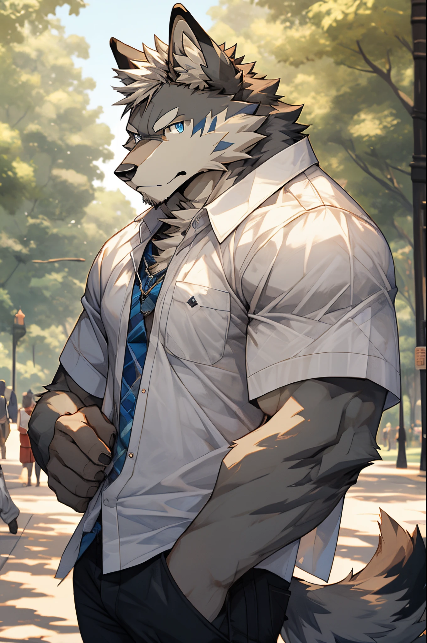 Masterpiece, Solo, Furry Gray Wolf, Gray Fur, Blue Eyes, Gray Short Hair, Medium Muscular Body, Handsome, Good Looking, Casual Shirt, Fierce, Cool Pose, Park Background.
