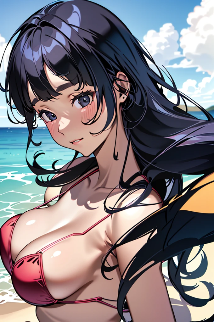 (​masterpiece、top-quality:1.5、a high chroma:1.5、ultra-detailliert、high-resolution illustrations:1.5、Ultra-high-definition CG、8k size wallpaper、offcial art)、neons,(cute  face、:1.5)、(Unique:1.3),
(The bikini)、(contrapposto on the sandy beach：1.5),, (Large breasts)、
,((Front view:1.5)),(Upper body)、girl with,  masutepiece,(contrapposto on the sandy beach：1.5)