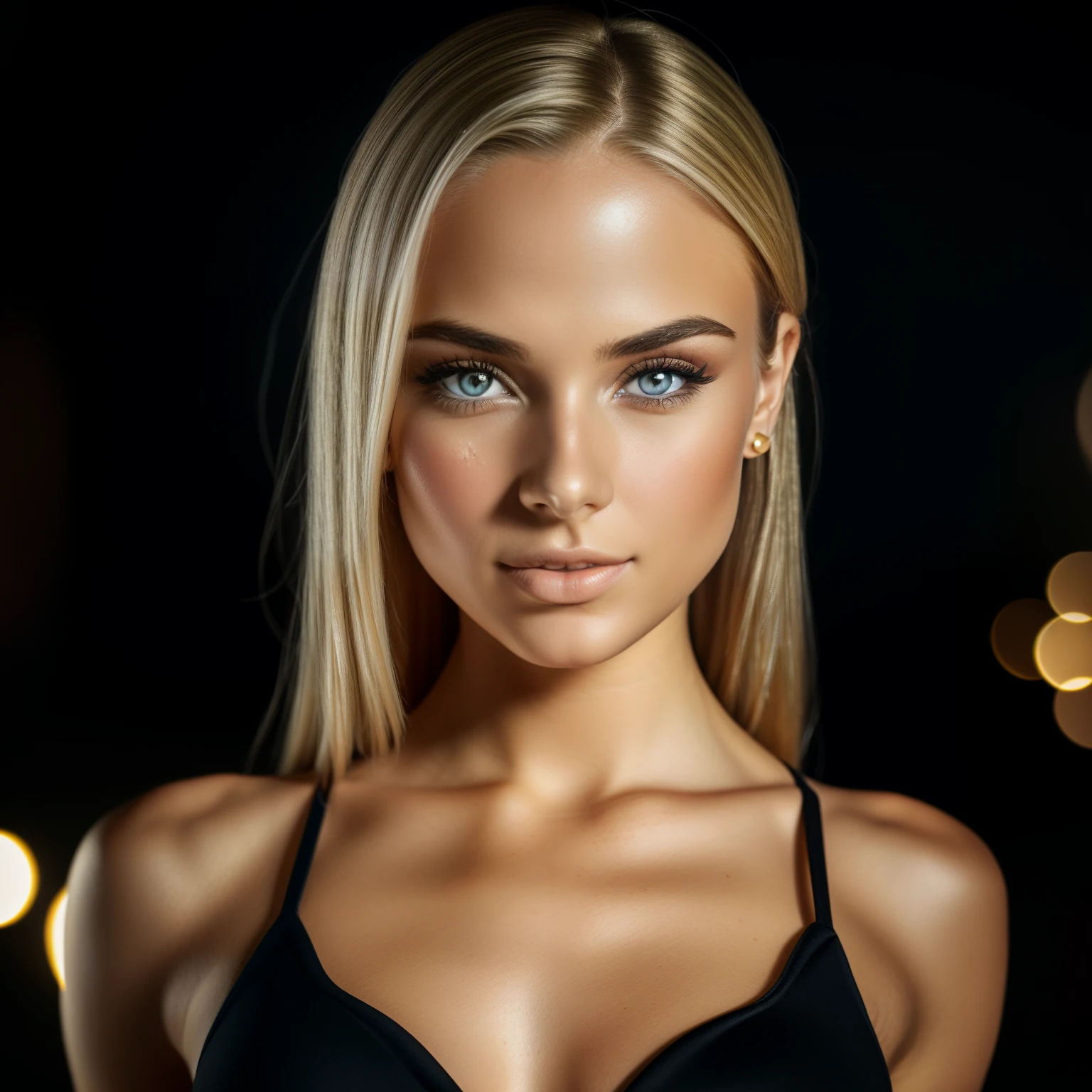 Front bodyshot of 25yo European woman, pointing at camera, blonde hair, serious, (amazing skin detail: 1.4), (natural skin: 1.2), (pores: 0.6), makeup, (detailed eyes: 1.2), black background, studio, light border, dark atmosphere, (bokeh: 1.2), photography, cinematic, photorealistic, ultrarealistic, fit girl, skintight dress, perfect figure, perfect ???????