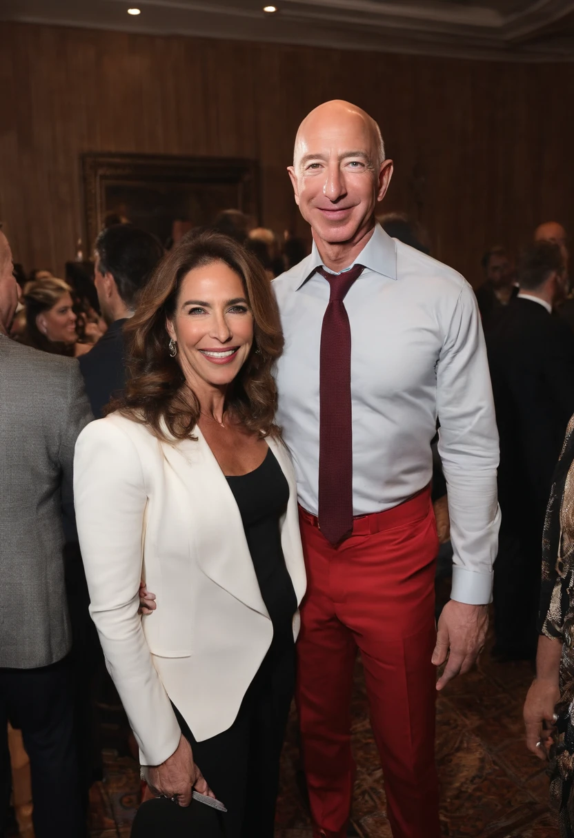 A photo of Bezos mingling with Hollywood celebrities at a charity fundraising event,original,Jeff Bezos, the founder of Amazon, is known for his bald head and often a warm, yet measured smile, presenting a recognizable and influential figure in the tech world. He usually appears in public wearing professional yet relatively understated attire, reflecting his practical approach to business and life. He’s gotten absolutely jacked after taking lots of testosterone and HGH., male