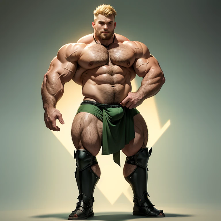 Full body picture, very strong bulky attractive beefy teen warrior, wearing a small dark green tunic, with some armor plates, blond hair with short taper haircut, gentle eyes, very big strong beefy legs, big bulge, very hairy body, hairy armpits, hairy legs, doing bodybuilder poses