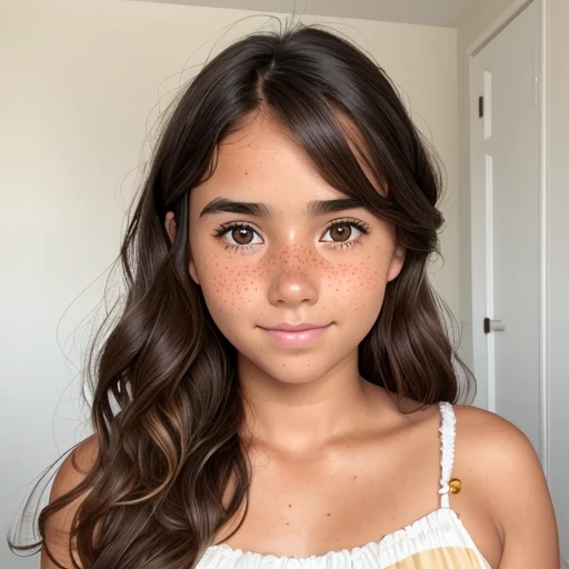 1girl. Tan skin, freckles on nose, freckles on cheeks, dark brown hair, wavy hair, young, massively pregnant,