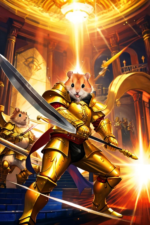 a hamster in golden armour, brandishing a longsword