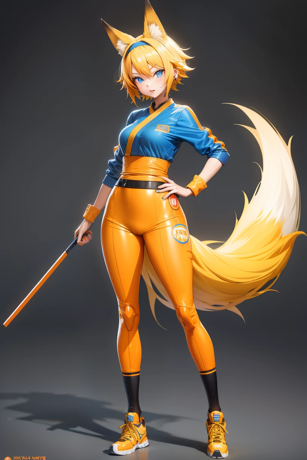 Cute girl, short yellow hair, headband, blue eyes, orange clothes,Ramen, fox, ninja, adult girl, full body, sexy body,