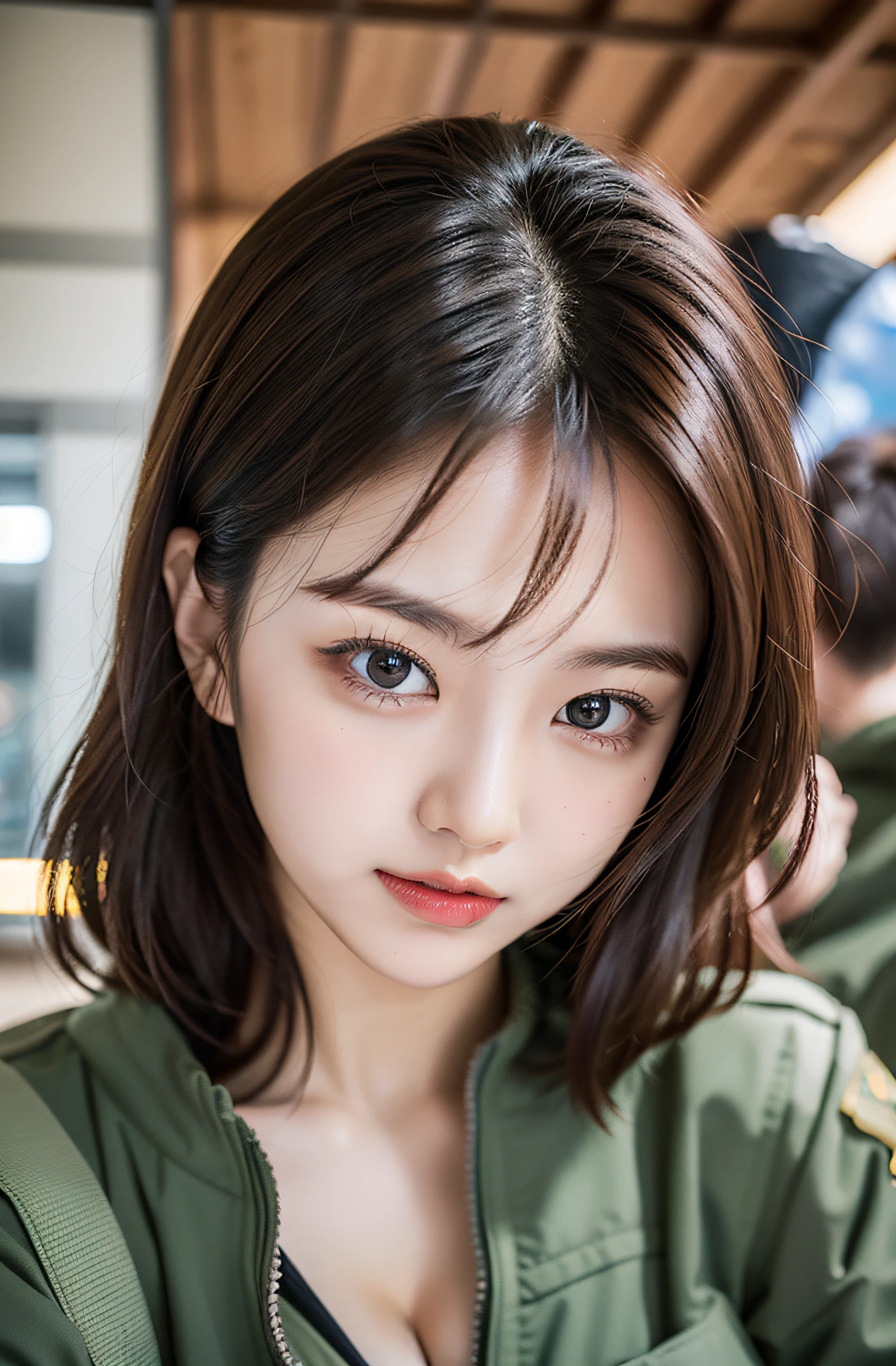Air Force Pilot、Conversation with maintenance personnel inside the hangar、Fighters、dark green flight suit、High exposure、Photorealistic images of solo idols, Morning Musume inspired by Eri Kamei, Radiates charm and beauty with plenty of bust and subtle exposure of cleavage. The image is、Must reflect a real person of the highest quality, Powered by Ultra-HD (16 K) resolution, crisp detail, Vivid colors, Dynamic Range, Soft bokeh, Fine texture, Realistic realism, Pin Sharp Focus. 、The camera setup is、Nikon D850 and NIKKOR Z 58mm Boobs Boobs Boobs Boobs F。/0.95 S Noct lens, The setting must be ISO 64, F/0.95, Shutter speed is 1/60. --ar 16:9 - V5.1 --Style raw --Q 2 --S 750