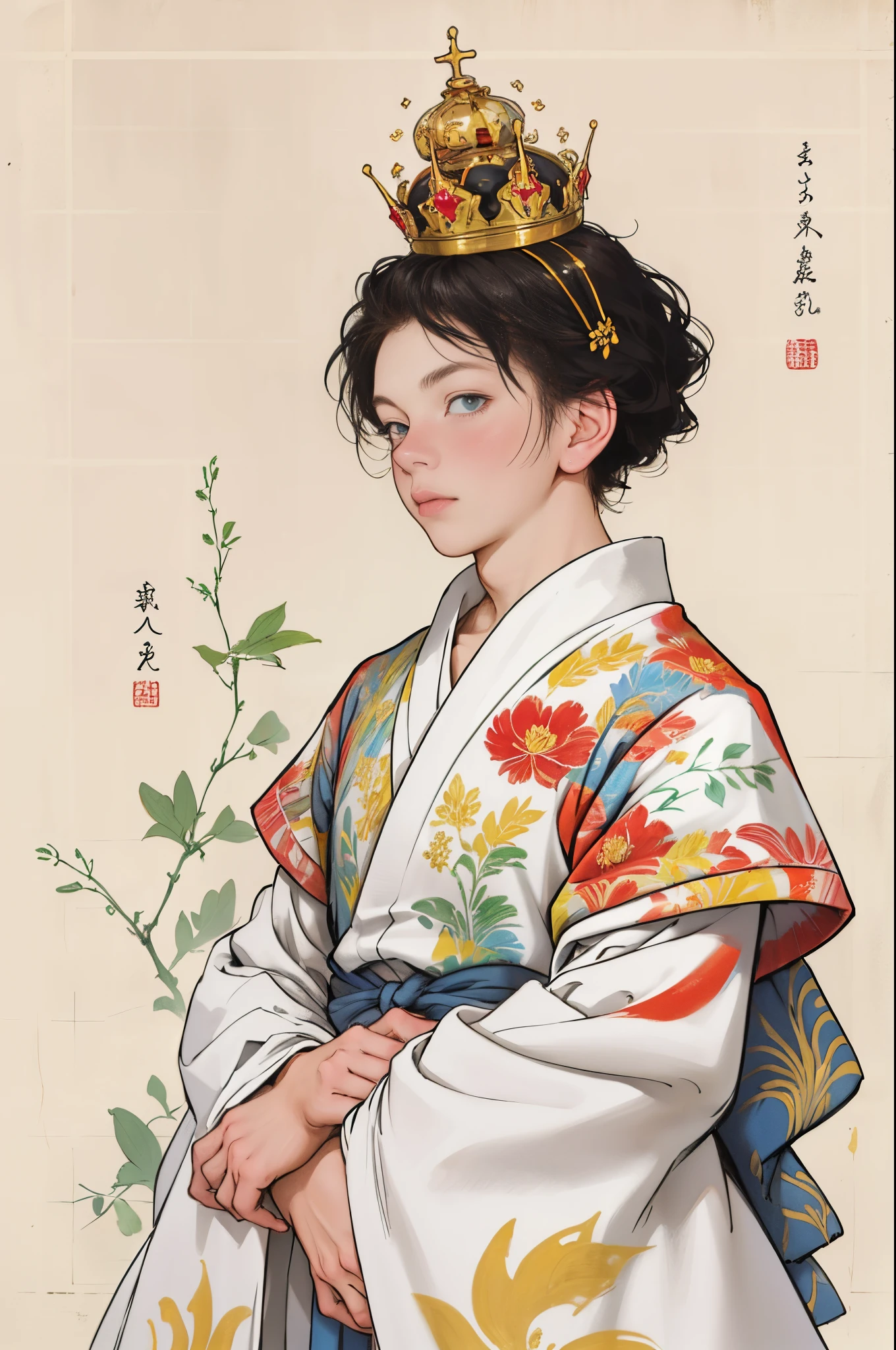 (tmasterpiece,Best quality:1.2),little boy wearing crown,Childish face,Cute face, British style,Exquisite and noble robe, Decorative painting:1.6, ,Minimalist composition