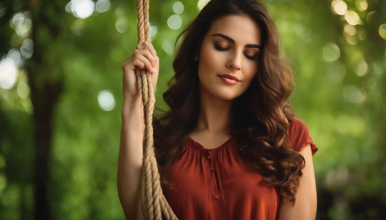 garden background,Soft sunlight,Pleasant atmosphere,lush greenery,vibrant colours,Photo style,high resolucion,realistic details, Sleeping Woman, Long Brunette Hair, relaxing, Relaxed face, hanging on a rope,