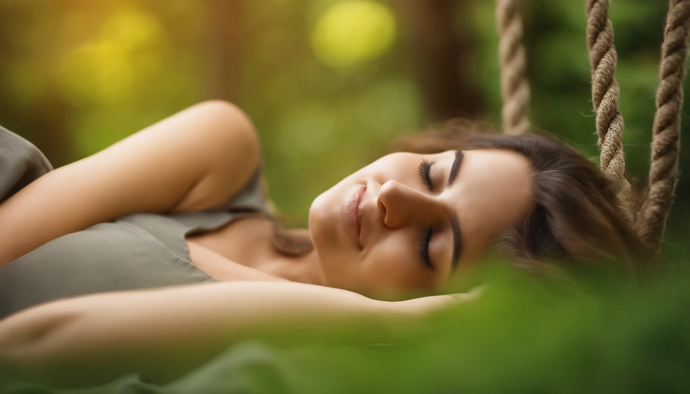 garden background,Soft sunlight,Pleasant atmosphere,lush greenery,vibrant colours,Photo style,high resolucion,realistic details, Sleeping Woman, Long Brunette Hair, relaxing, Relaxed face, hanging on a rope,