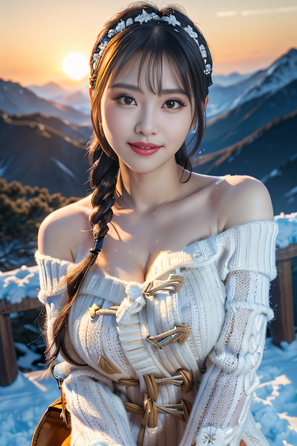 ,(3D Realistic Photography:1.3),(Make the subject look three-dimensional with the contrast of light and shadow),(((With the sunset in the background))),(((Winter snowy mountain climbing scenery:1.3))),cute and beautiful adult woman,Cute round face,Cute smile,with blush cheeks,Red Lip,(((Orange Open Short Duffle Coat:1.3))),(((Off-white off-shoulder sweater dress:1.3))),Knitted hats,long boots,gloves,(silver white hair,Floral braided headband,half up、Floral Braided Space Van,Voluminous Fishtail Braids,Twisted chignon,),(Bangs are see-through bangs),hair pin,hair adornments,(((Emphasize large breasts:1.3))),breast slip,detailed clothes features,Detailed hair features,detailed facial features,(Dynamic angles),(Dynamic and sexy poses),profetional lighting,Cinematic Light,(masutepiece,top-quality,Ultra-high resolution output image,) ,(The 8k quality,depth of fields,Anatomically accurate facial structure,),(Sea Art 2 Mode:1.3),(Image Mode Ultra HD,)