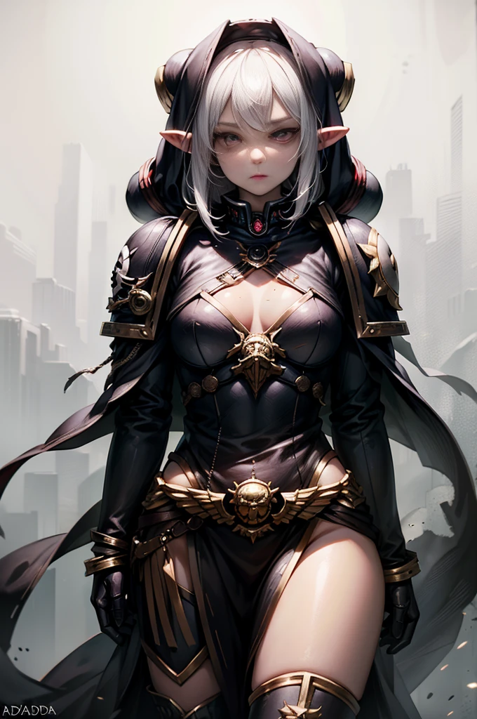 warhummer 40000, adepta sororitas, girl, 1 person, beautiful face, a beautiful face, the perfect face, sister battle, bolter, warhummer 40000 style, fair complexion, black elf woman around 19 years old, natural white hair, distinctive red ruby eyes, perfect eyes
