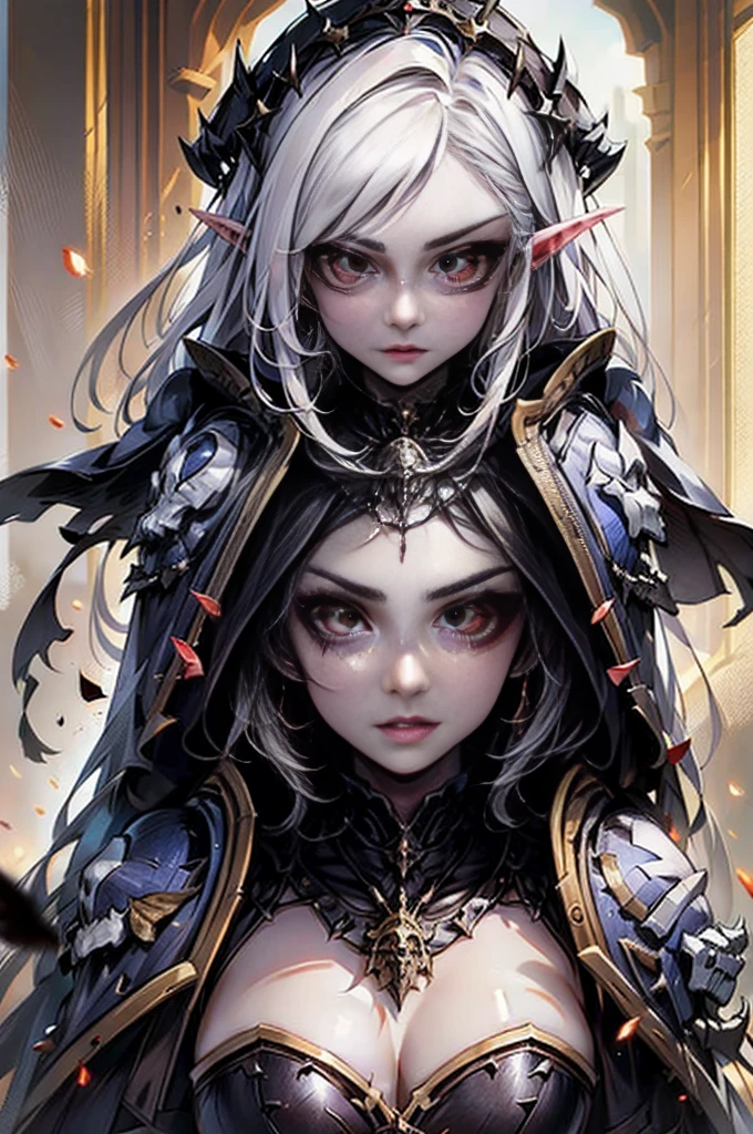 warhummer 40000, adepta sororitas, girl, 1 person, beautiful face, a beautiful face, the perfect face, sister battle, bolter, warhummer 40000 style, fair complexion, black elf woman around 19 years old, natural white hair, distinctive red ruby eyes, perfect eyes