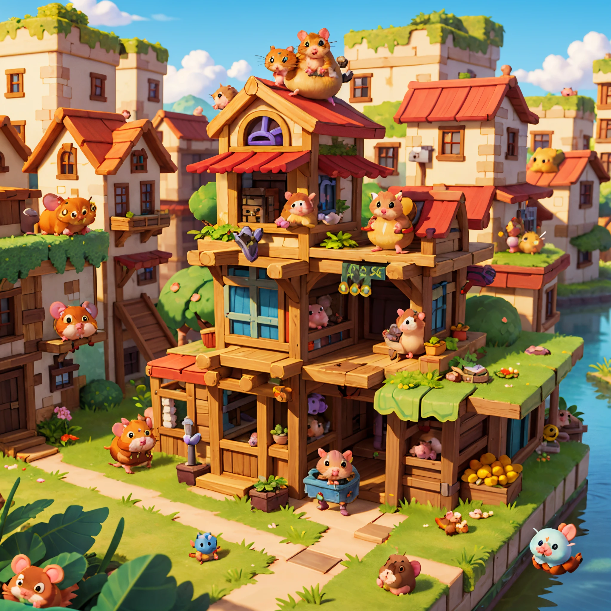 best quality, highres, (Hamster Adventurer:1.5), miniature ruins, messy city, Isometric, cartoon style, sandbox game style, superb detail, garbage, scrap metal, old tires, leftover food, outdoors, landscapes, roads, 3D, 8k, HDR, high detailed,