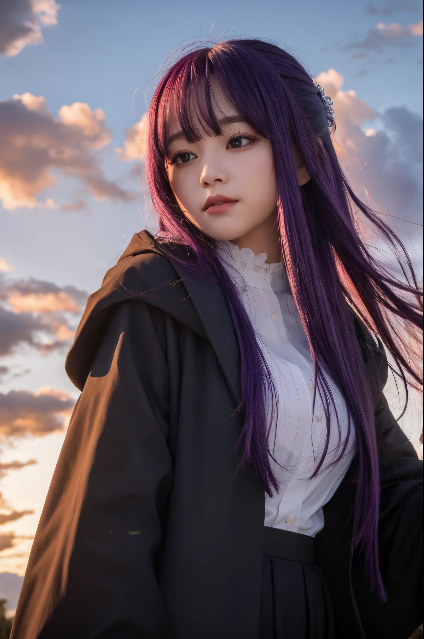 top-quality, 8K, ultra-detailliert, Photorealsitic, ((tmasterpiece，Best Quality)), Funeral Freelen, distant, 1girll, purple color  hair, 独奏, Ultra-detailed eyes, Longhaire, side locks, a purple eye, hair adornments, Hood down, white  shirt,jaket, Open your clothes, Centerpiece,with blue sky and white clouds, plump body