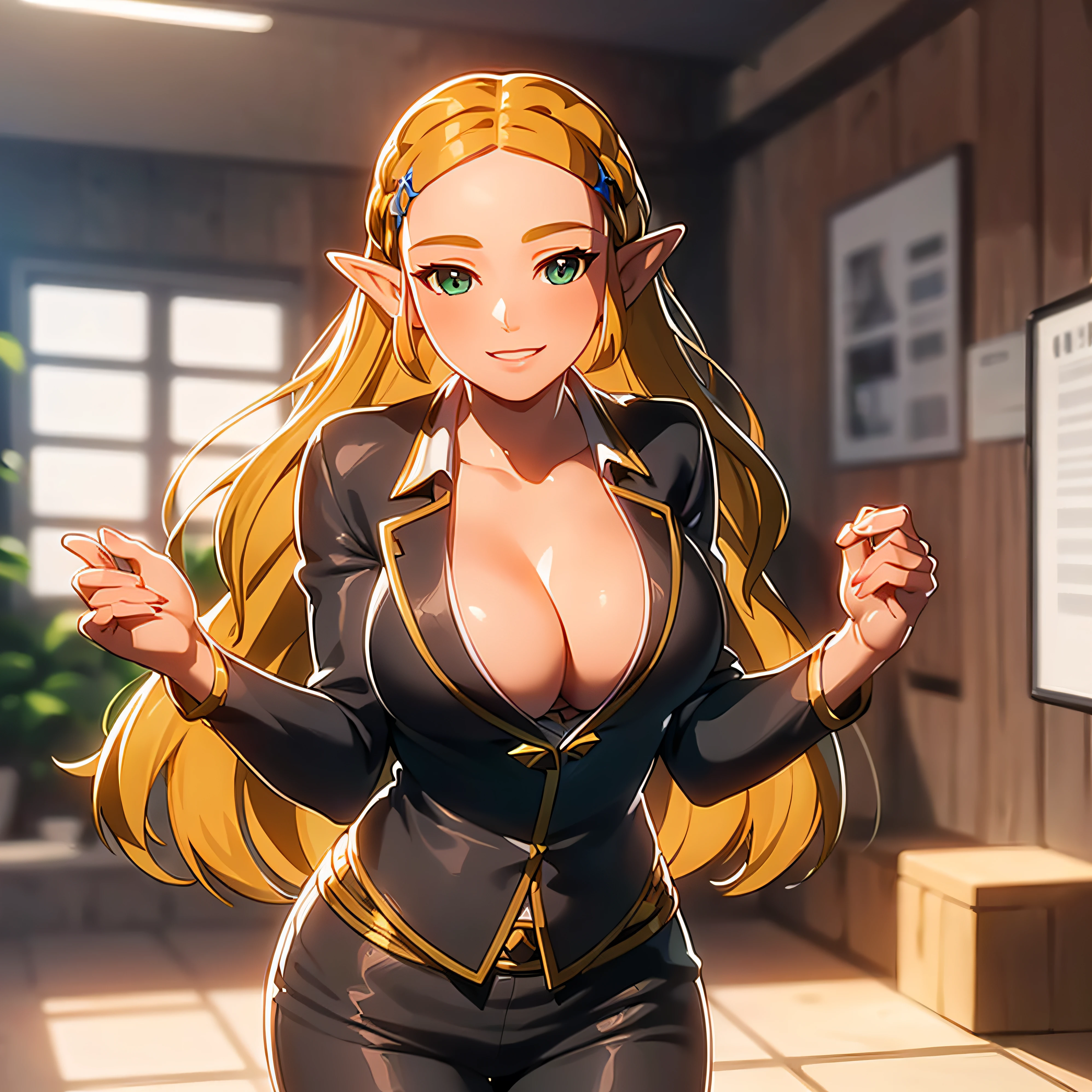 ((masterpiece)),(illustration),(((best quality)), 1girl, iridescent, high resolution illustration,Amazing,highres,intricate detail, extremely detailed CG unity 8k wallpaper ((zelda)), full body, large breasts, (delicate cute face), blond long hair, lovestruck,(green eyes), smile, joyful, young teen, narrow waist, young girl, 15 year old girl, seductive, cleavage, big smile, happy, smiling, tight body, wavy hair, office, unbuttoned business suit, unbuttoned suit, unbuttoned suit, sexy pose, cleavage, facing viewer, athletic